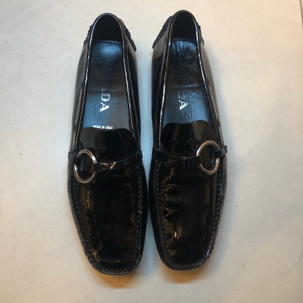 Prada Logo Buckle Black Patent Driving Moccasin 37